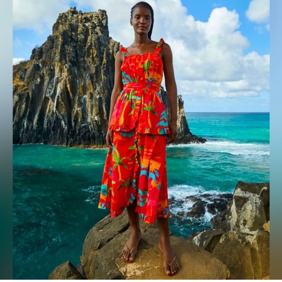 REPOSH - NWT Farm Rio Ipanema Red Tropical Ruffle Midi Dress - Picture 3 of 8